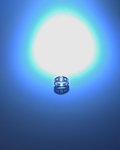 silver rosary ring with a massive ball of light above it, on a blue backdrop.